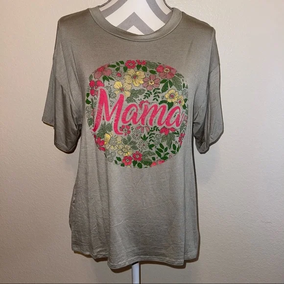 Green & Pink “Mama” Floral Botanical Leaf Graphic Short Sleeve Tee Shirt - Picture 1 of 11